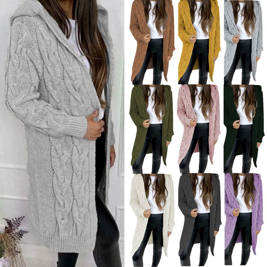 Damen Langer Strickmantel mit strukturiertem Zopfdesign und praktischer Kapuze Stalluxe