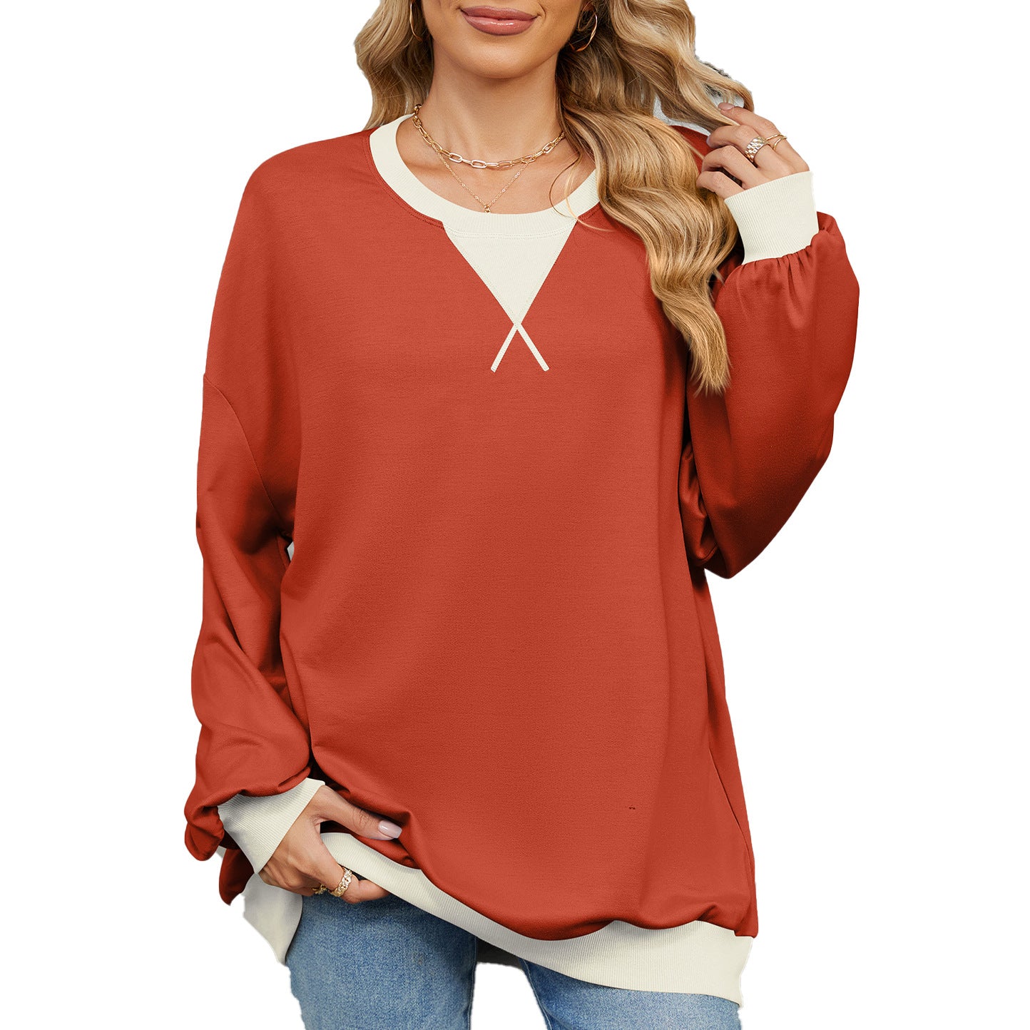 Damen lässiges Oversized Sweatshirt mit modernem V-Ausschnitt und eleganten Ärmelbündchen Stalluxe