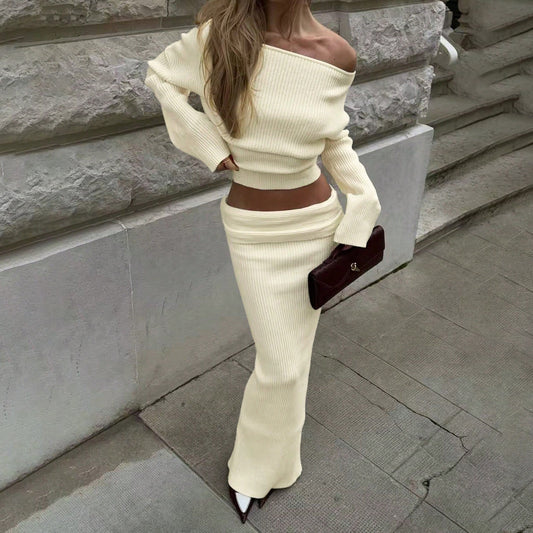 Damen Strick-Set mit schulterfreiem Oberteil und schickem Maxi-Rock Stalluxe