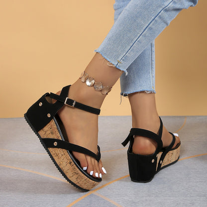 Damen Keil-Sandalen mit elastischem Riemendesign und korkähnlicher Sohle Stalluxe