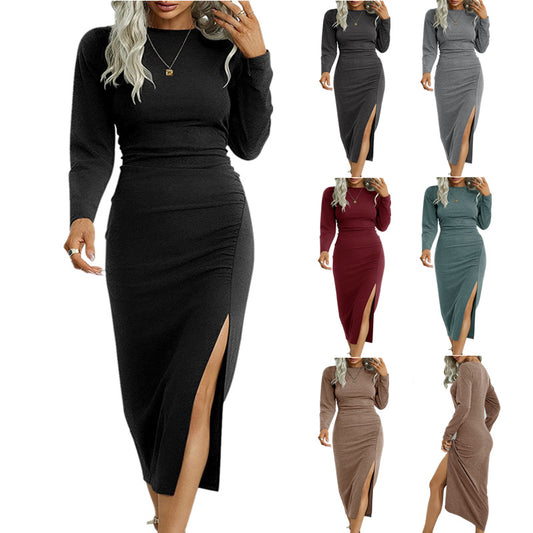 Damen Elegantes Langarm-Midikleid mit seitlichem Schlitz und gerafftem Design Stalluxe