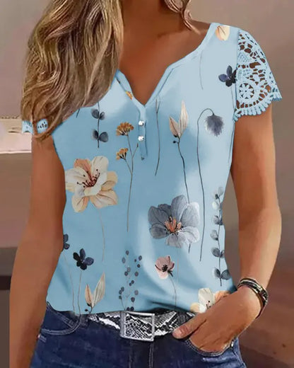 Damen Kurzarmbluse mit Spitze und floralen Akzenten Stalluxe