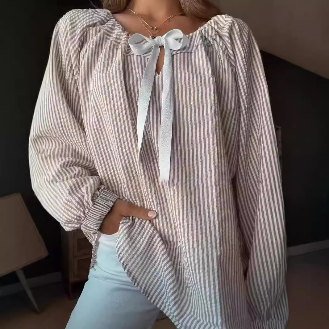 Damen Blusenshirt mit elastischem Puffärmel und dekorativem Bindeband Stalluxe