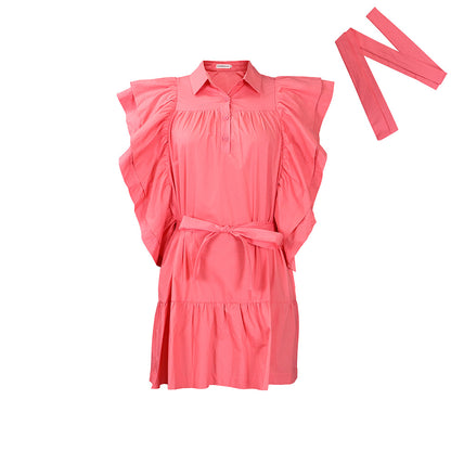 Damen Hemdblusenkleid mit voluminösen Rüschenärmeln und Taillengürtel Stalluxe Pink
