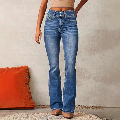 Damen Bootcut Jeans mit hohem Bund und modischen Knöpfen Stalluxe