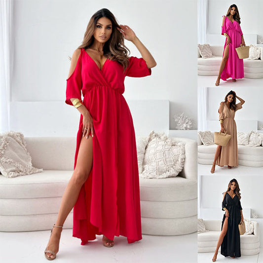Damen Maxikleid mit schulterfreier Optik und elegantem V-Ausschnitt Stalluxe