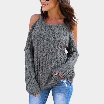 Damen Strickpullover mit offenen Schultern und dekorativem Zopfdesign Stalluxe