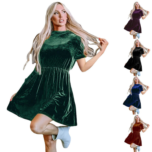 Damen Samtige Kurzarm-Kleid mit tailliertem Schnitt und A-Linien-Rock Stalluxe