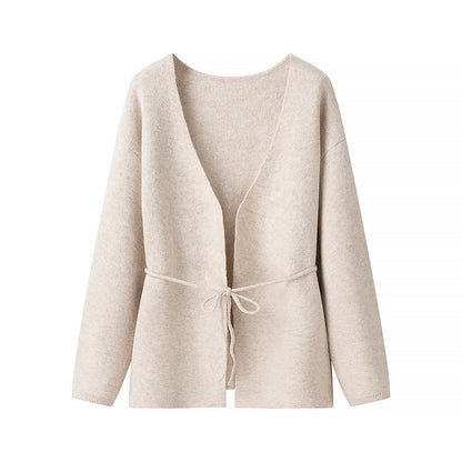 Damen lockere Strickjacke mit Taillenschnürung und weitem V-Ausschnitt Stalluxe