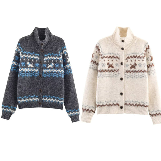 Damen Strickjacke mit Norwegermuster und hohem Kragen Stalluxe