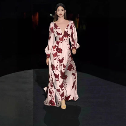 Damen Maxi-Kleid mit tiefem V-Ausschnitt und voluminösen Ärmeln Stalluxe