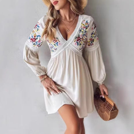 Damen Luftiges Sommerkleid mit besticktem V-Ausschnitt und langen Ärmeln Stalluxe