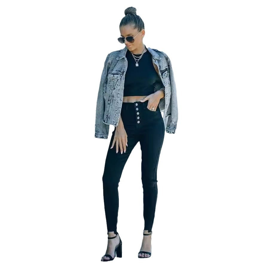 Damen Hochtaillierte Skinny Jeans mit knöpfbarem Bund und figurbetontem Schnitt Stalluxe