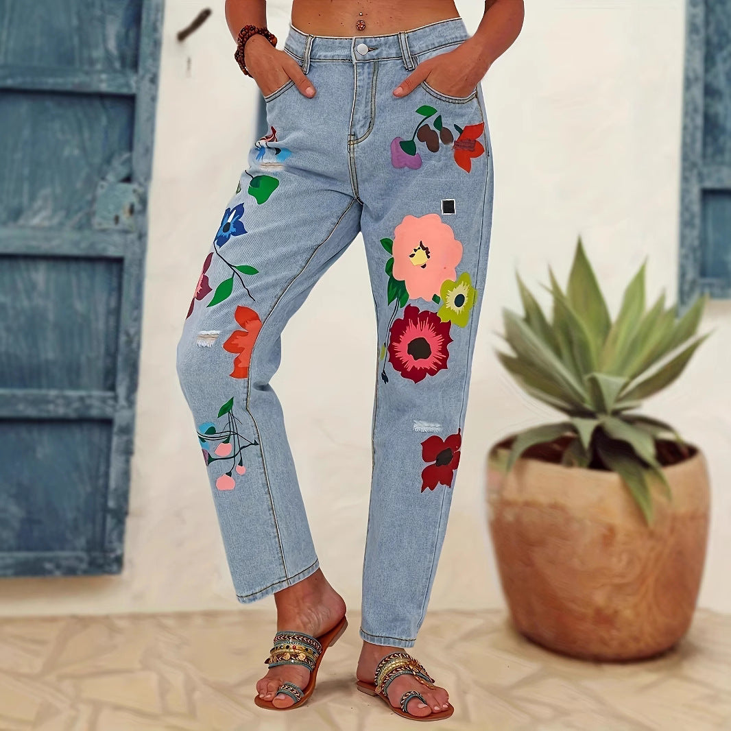 Damen Bunt bedruckte Jeans mit floralen Motiven und modischen Destroyed-Effekten Stalluxe