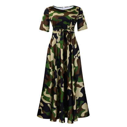 Damen Maxikleid mit modischem Grafikdruck und tailliertem Gürtel Stalluxe