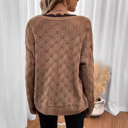 Damen Strickpullover mit elegantem V-Ausschnitt und feiner Lochstruktur Stalluxe
