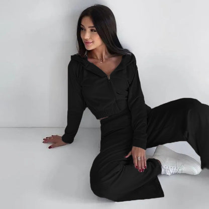 Damen modischer Velours-Cropped-Hoodie und weite Sporthose Set Stalluxe