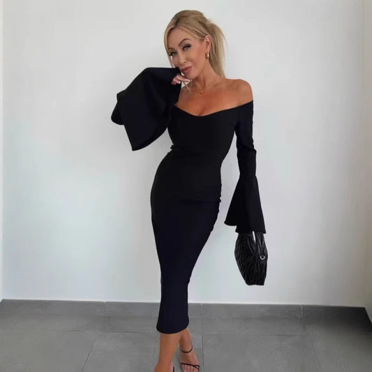 Damen Elegantes Langarmkleid mit weiten Ärmeln und Schlitz Stalluxe