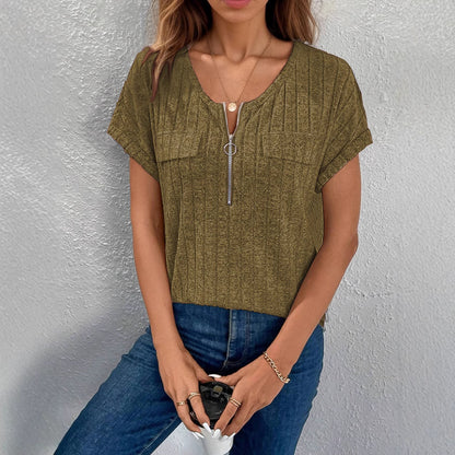 Women's Ribbed Pocket Zip-Up Top Stalluxe
