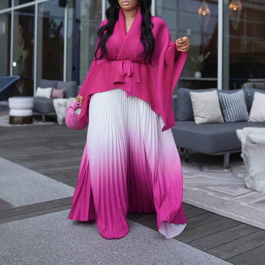 Damen langes Plissee Kleid mit Cape und Gürtel Stalluxe