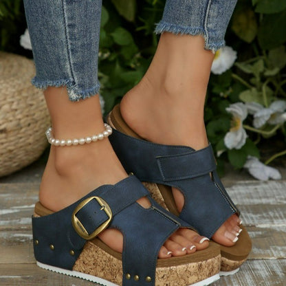 Damen Komfortable Keil-Sandalen mit verstellbarem Riemen und Korksohle Stalluxe