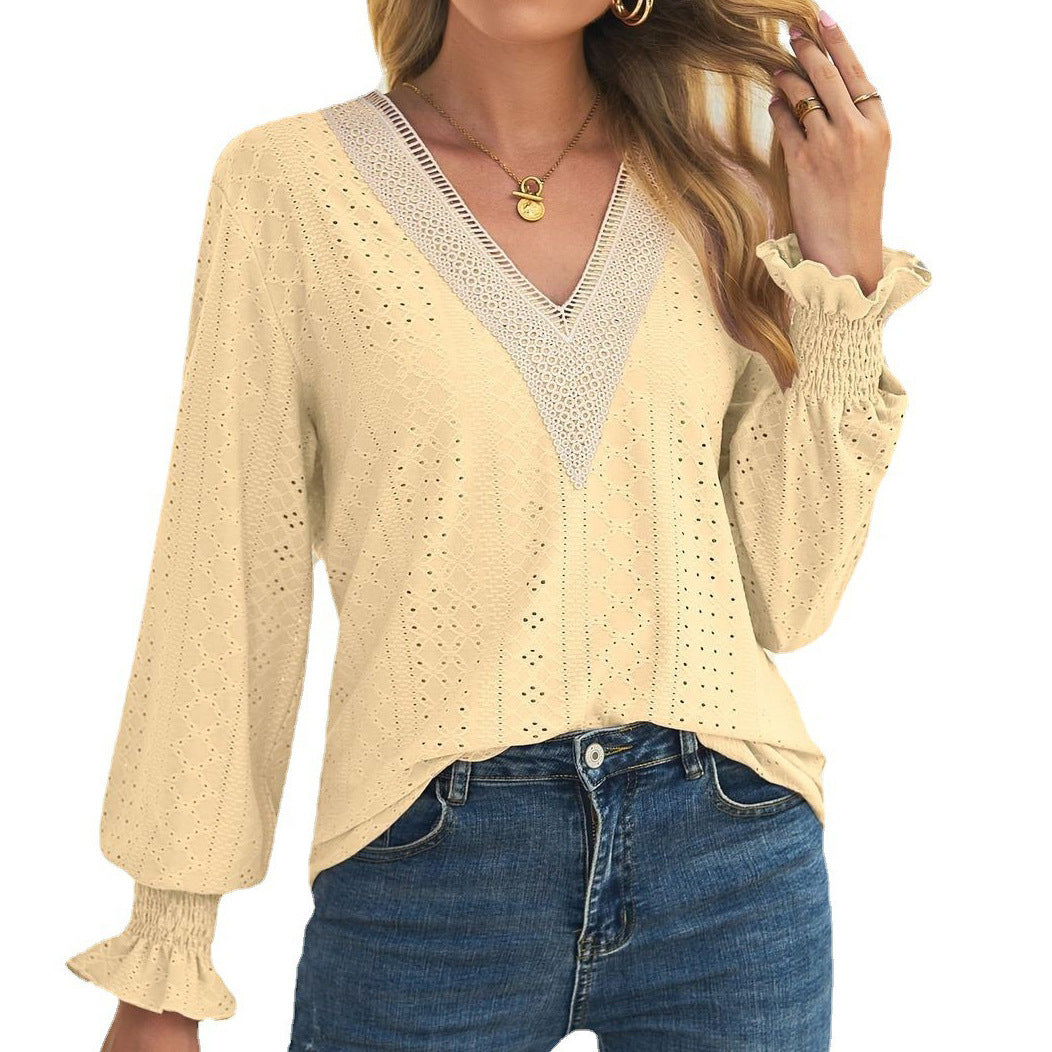 Damen Blusenshirt mit Lochmuster und V-Ausschnitt Stalluxe