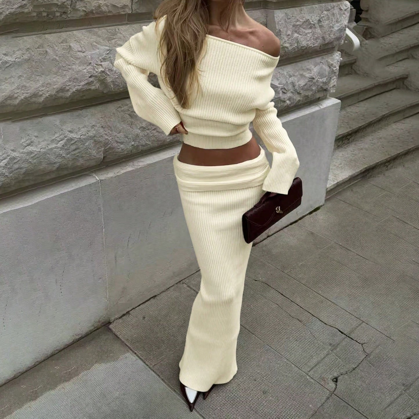 Damen Strick-Set mit schulterfreiem Oberteil und schickem Maxi-Rock Stalluxe Hellgelb