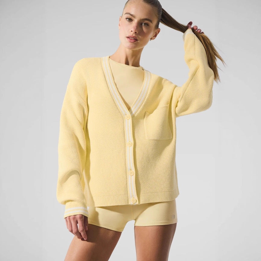 Damen Waffelstrick Cardigan mit sportlichem V-Ausschnitt und Brusttasche Stalluxe