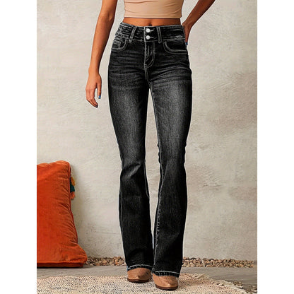 Damen Bootcut Jeans mit hohem Bund und modischen Knöpfen Stalluxe