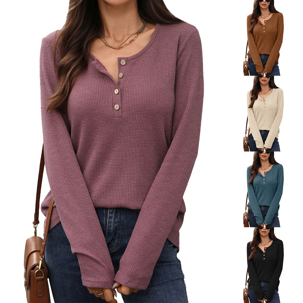 Damen Waffelstrick Langarmshirt mit Knopfleiste Stalluxe
