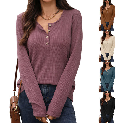 Damen Waffelstrick Langarmshirt mit Knopfleiste Stalluxe