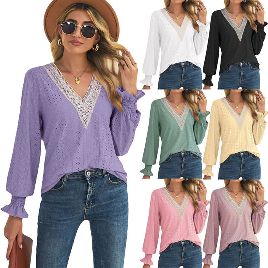 Damen Blusenshirt mit Lochmuster und V-Ausschnitt Stalluxe