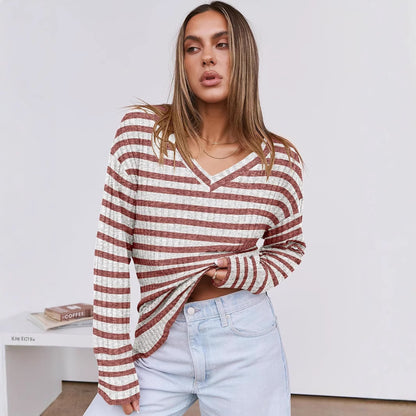 Damen lässiges gestreiftes V-Ausschnitt Sweatshirt mit hoher Dehnbarkeit Stalluxe