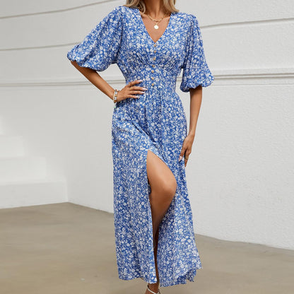 Damen Maxikleid mit floralem Design und knöpfigem Ausschnitt Stalluxe