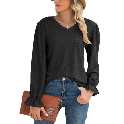 Damen Blusenshirt mit Lochmuster und elastischen Ärmelbündchen Stalluxe