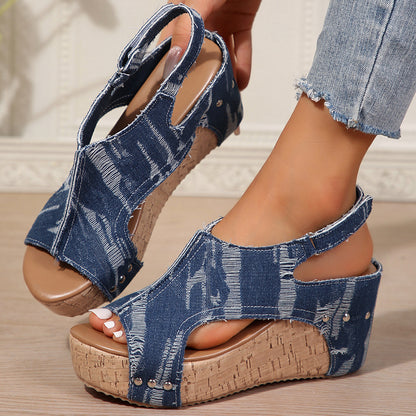 Damen Keil-Sandalen im modischen Denim-Look mit elastischer Fußbettgestaltung Stalluxe