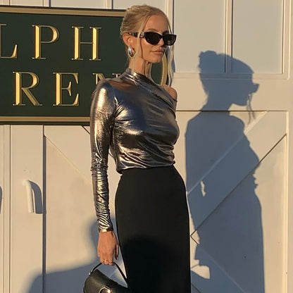 Damen Langarm-Oberteil mit asymmetrischem Schnitt und glänzendem Finish Stalluxe