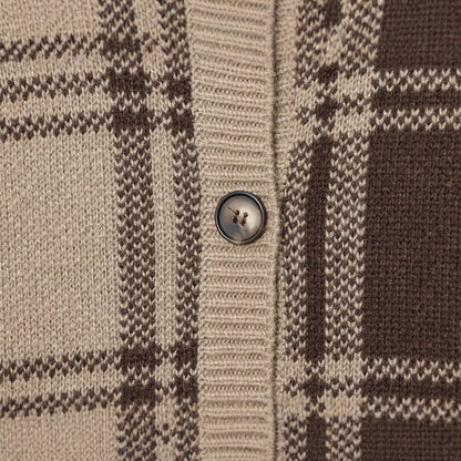 Damen modischer Karoknit-Pullover mit Knopfleiste und Rundhalsausschnitt Stalluxe