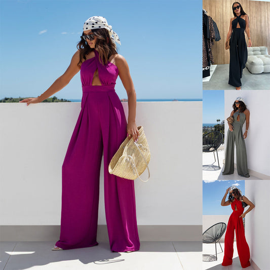 Damen Elegant geschnittener Jumpsuit mit schulterfreiem Design und weiten Beinen Stalluxe