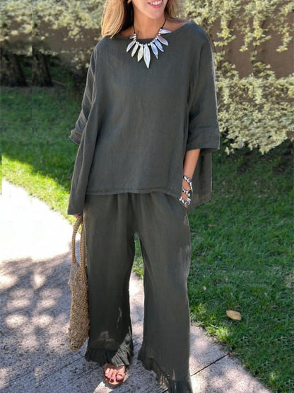 Damen lässiges Leinen-Outfit mit weitem Schnitt und angeschnittenen Ärmeln Stalluxe