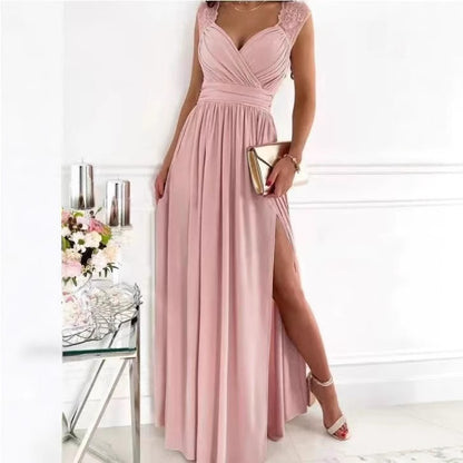 Damen elegantes Maxikleid mit Spitzenärmeln und seitlichem Schlitz Stalluxe