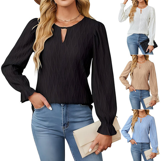 Damen elegantes Langarmshirt mit strukturiertem Stoff und Schlüsselloch-Ausschnitt Stalluxe