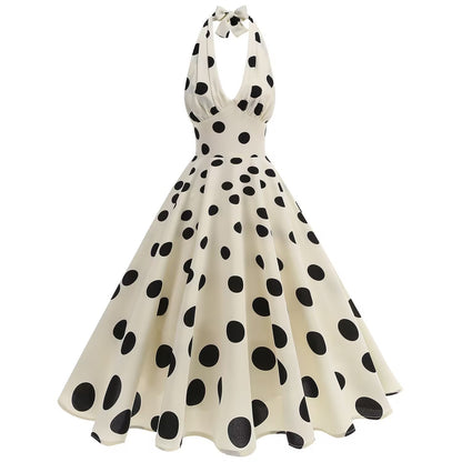 Damen Retro Maxikleid mit fröhlichen Punkten und elegantem Halterdesign Stalluxe