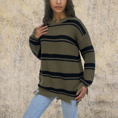 Damen Grob gestrickter Oversized Pullover mit Fransen und Querstreifen Stalluxe