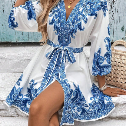 Damen Kleid mit verspieltem Paisleymuster und eleganter Knopfleiste Stalluxe