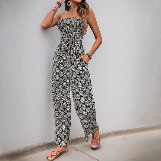 Damen Alltagsjumpsuit mit elastischem Oberteil und modischem Muster Stalluxe