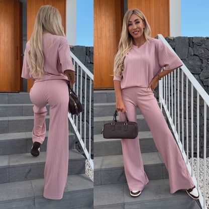 Damen elegantes, rippstrukturiertes Lounge-Set mit weitem Schnitt und kurzen Ärmeln Stalluxe