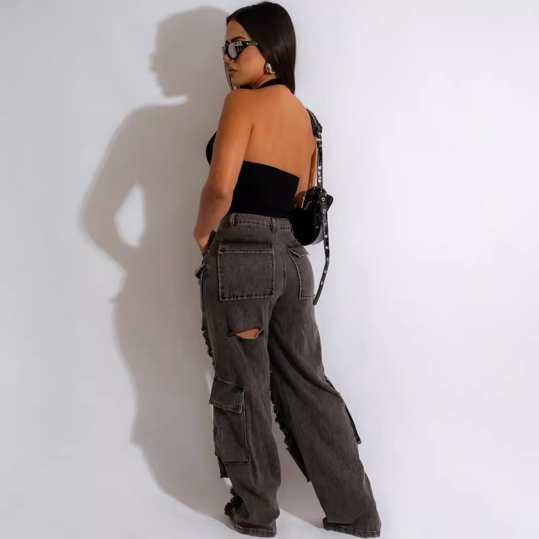 Damen Cargo-Jeans mit ausgefransten Rissdetails und praktischen Taschen Stalluxe