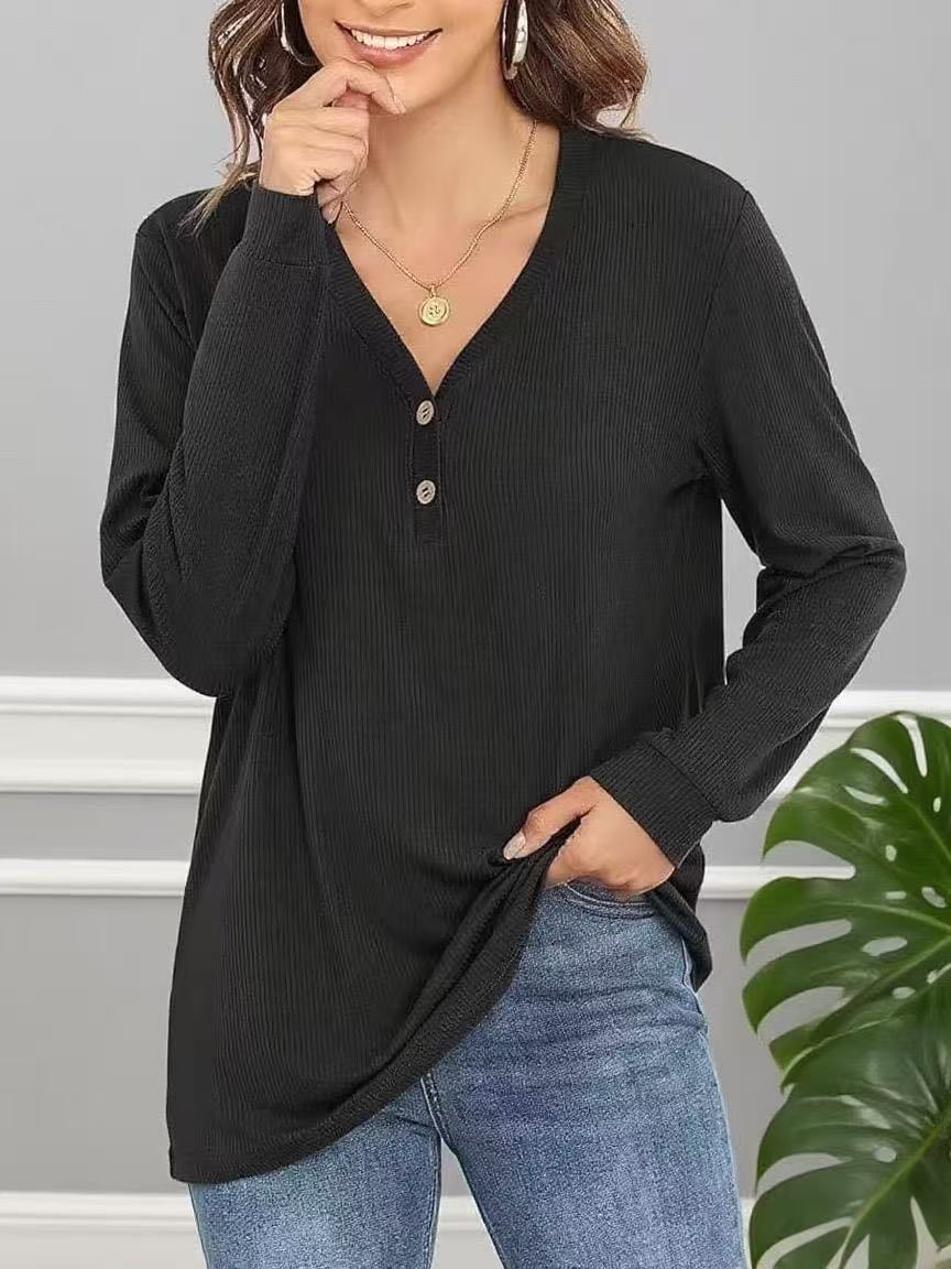 Damen lässiges Langarmshirt mit Knopfleiste und feiner Struktur Stalluxe