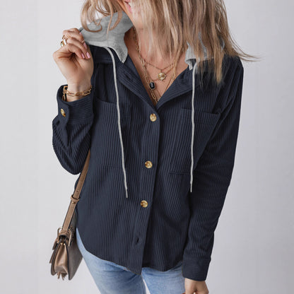 Damen Cargo-Hemdjacke mit Kapuze und modischem Rippstrickdesign Stalluxe